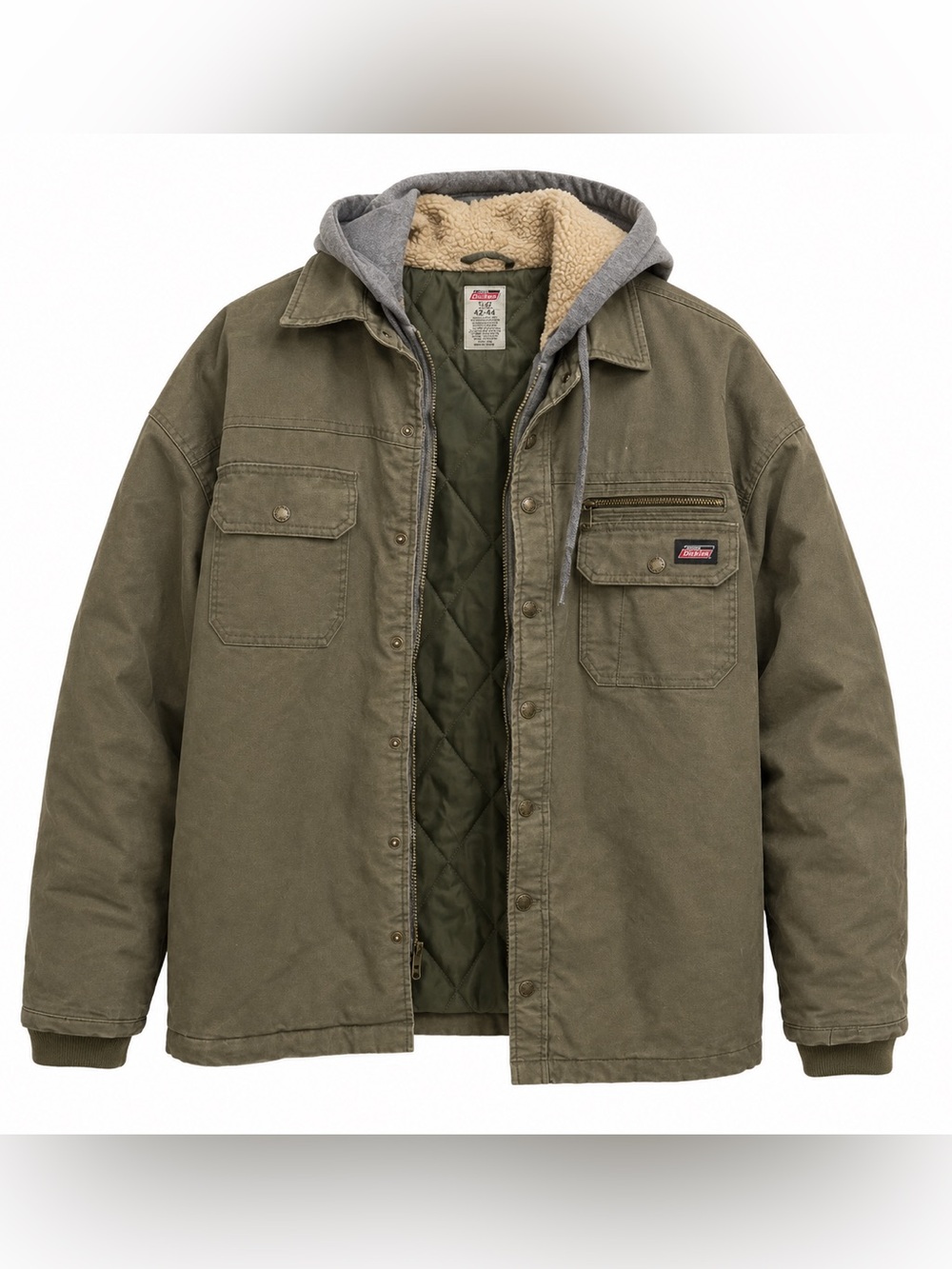 Dickies Men L Sherpa Lined Hooded Work Jacket Olive Green Canvas Utility Coat